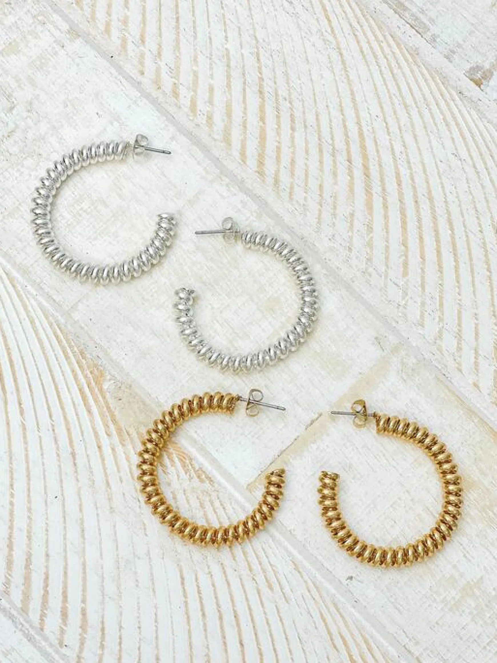 Vintage Brass Coil Hoop Earrings - Silver
