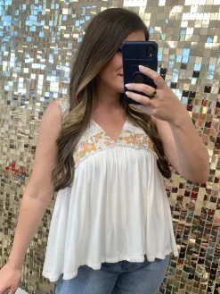 V-Neck A-Line Sleeveless Floral Top by POL - Off White
