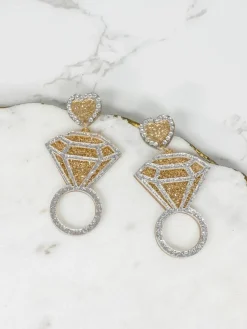 Wedding Ring Glitter Dangle Earrings - Gold
