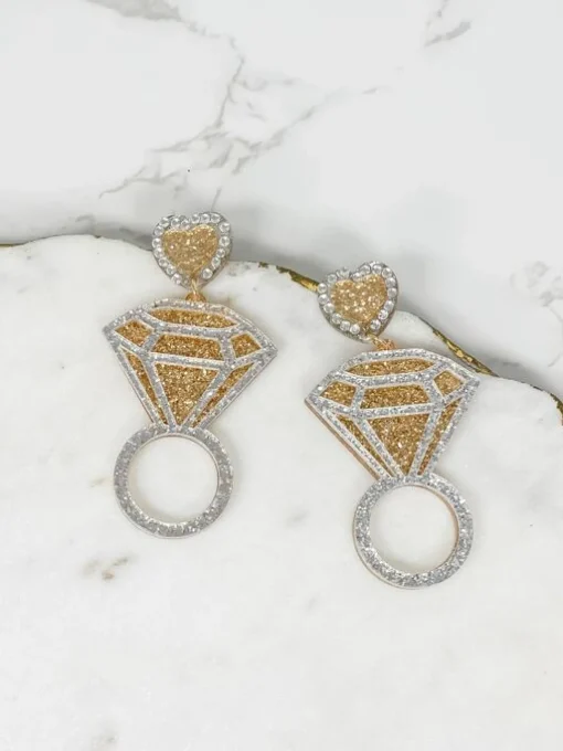 Wedding Ring Glitter Dangle Earrings - Gold